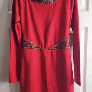 Elegant Long Sleeve Red Dress with Beaded Details